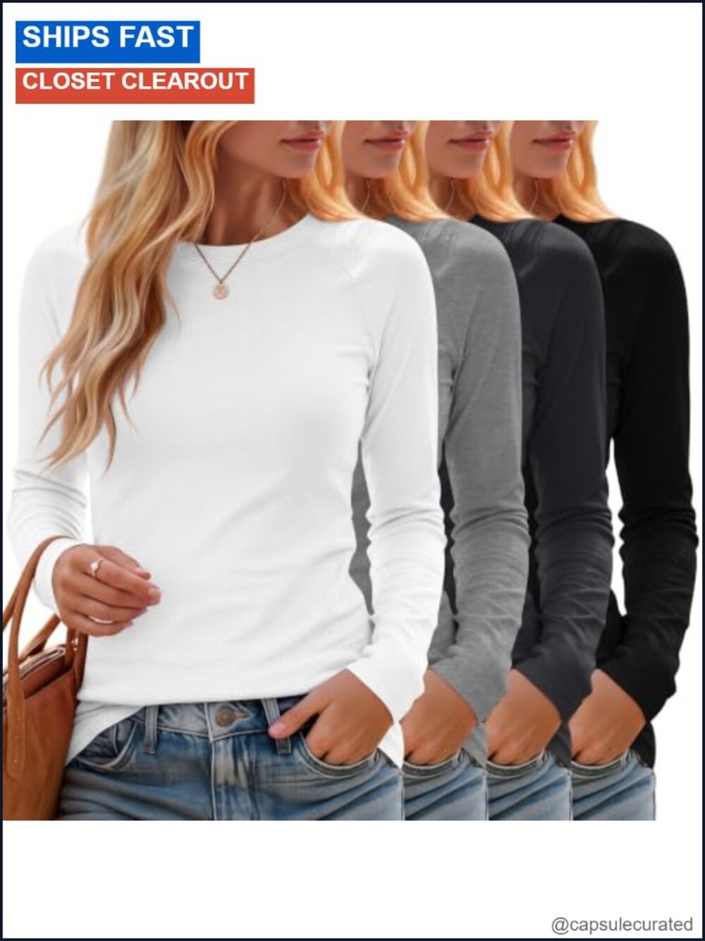 Women's Long Sleeve Crew Neck Tee 4 Pack Cotton Blend Slim Fit Raglan